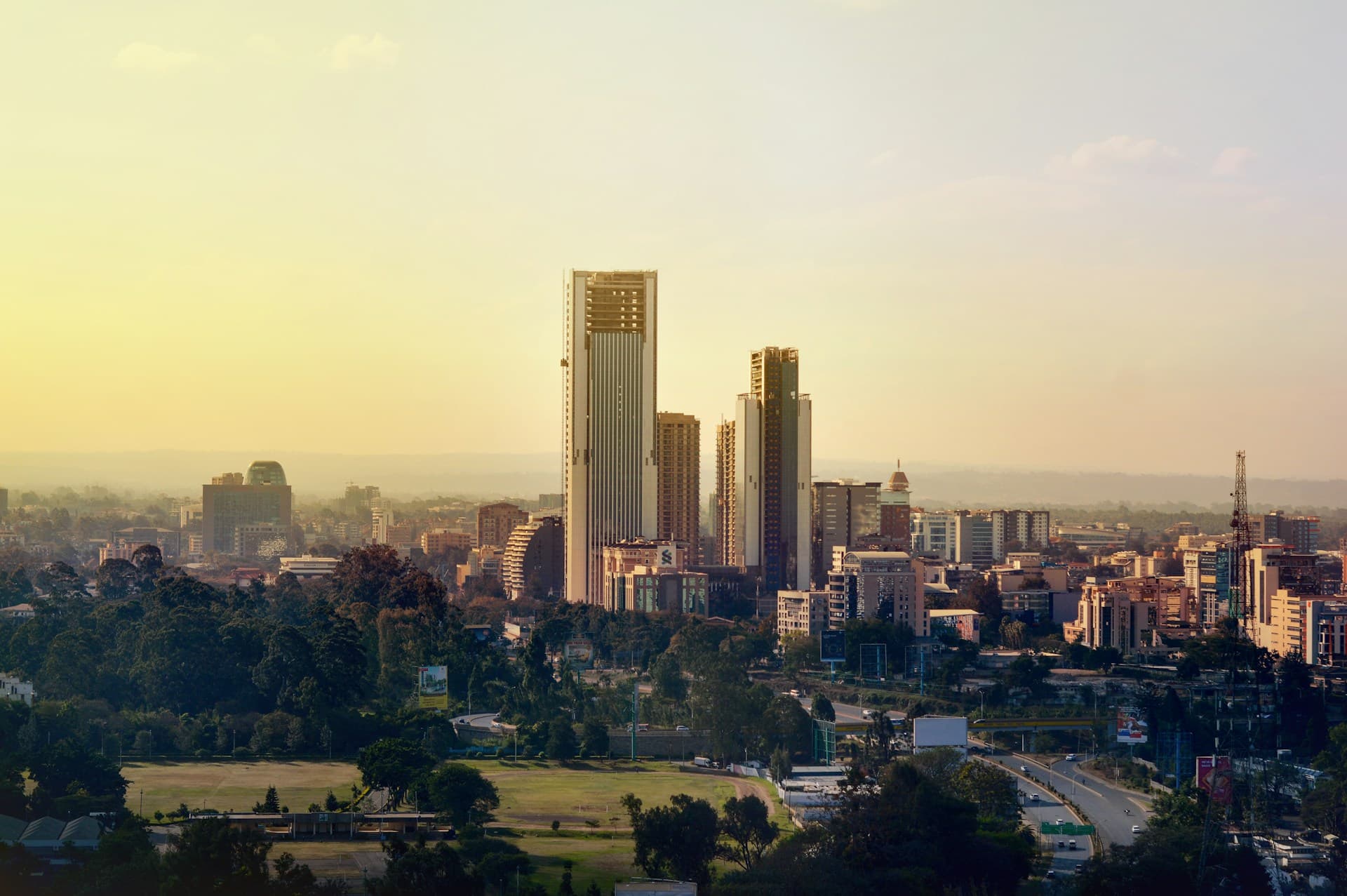 Nairobi skyline with its city buildings and green parkland